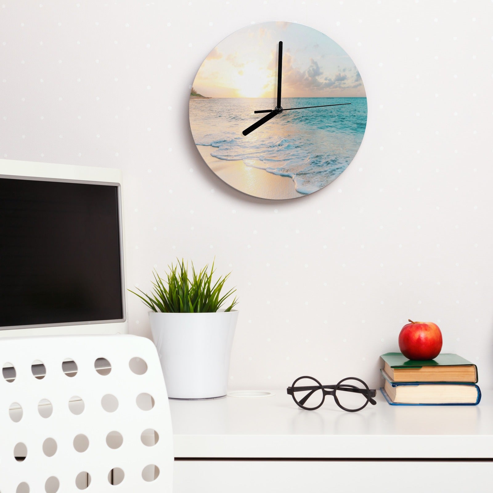 MDF Beach Sunset Wall Clock, for living room office decor, with desk setup, featuring books and apple