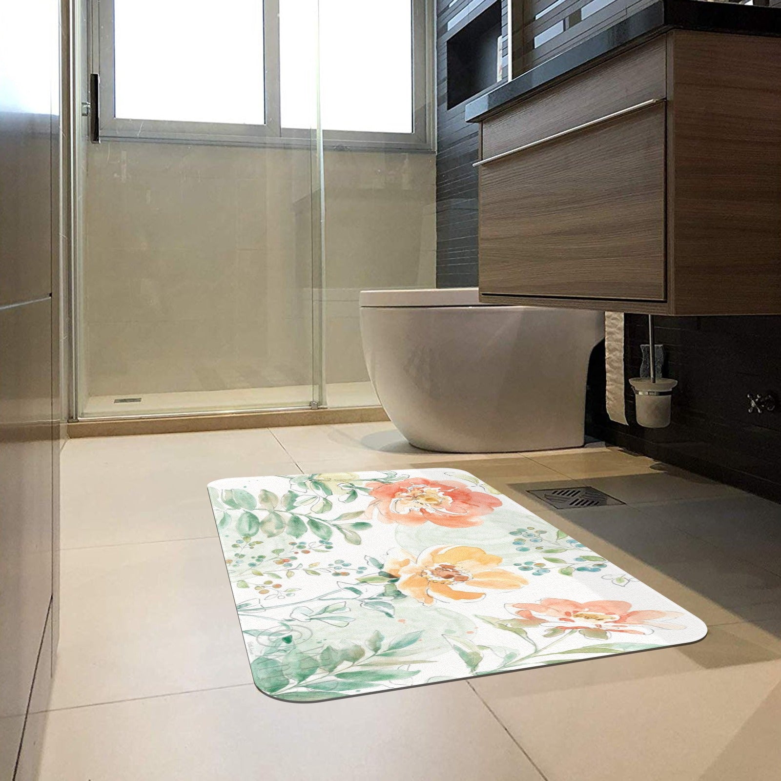 Watercolor floral doormat in bathroom. Soft rubber mat with floral design, for indoor/outdoor use.