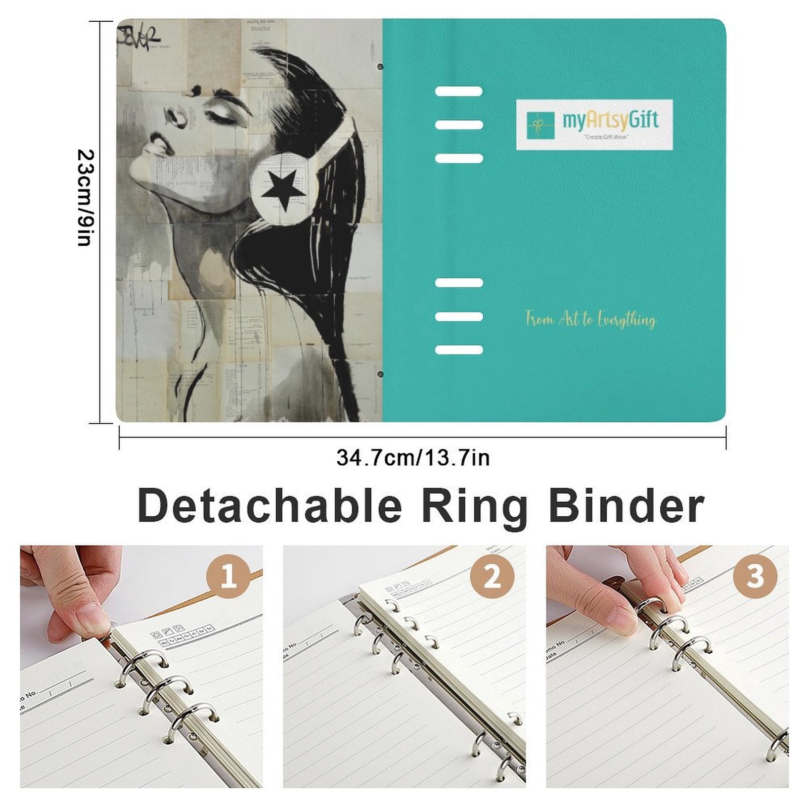 A5 loose-leaf notebook from MyArtsyGift, PU leather, detachable ring binder, for note-taking, school or office supplies.