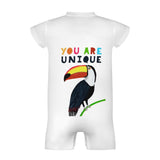 Soft cotton baby bodysuit with colorful toucan graphic and 'YOU ARE UNIQUE' text, MyArtsyGift