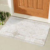 Abstract Entrance Doormat, rubber floor mat with beige background and white wave pattern.