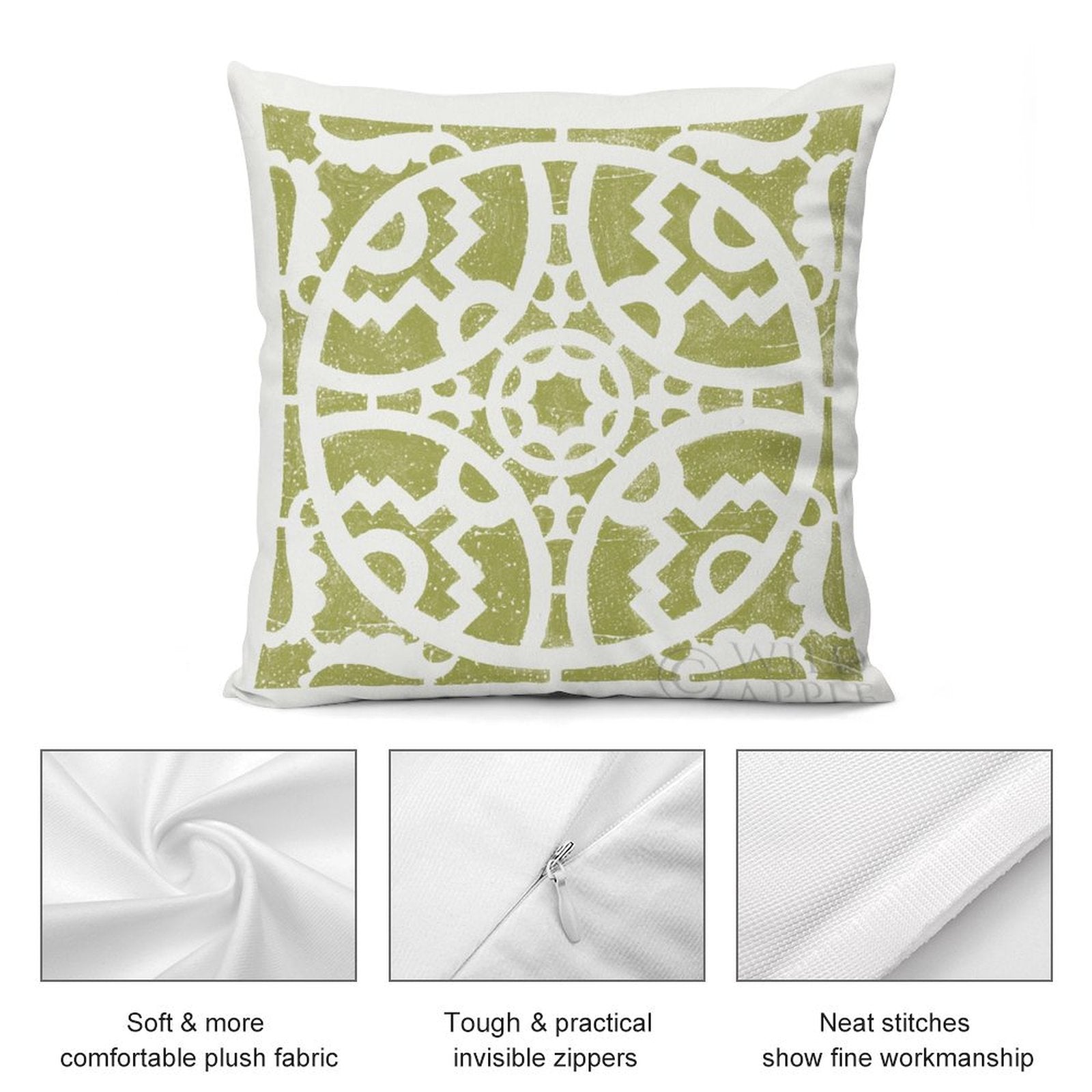 Olive green geometric pillow cover with soft plush fabric, and invisible zipper for sofa and living room decor