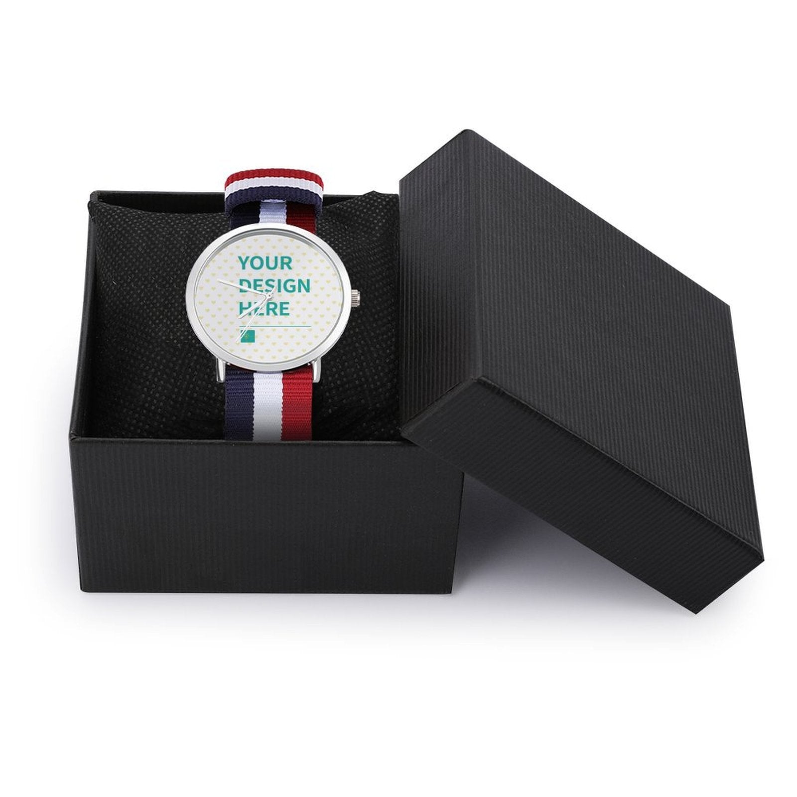 Custom photo watch with personalized design, nylon strap, and text 'YOUR DESIGN HERE', in a gift box.