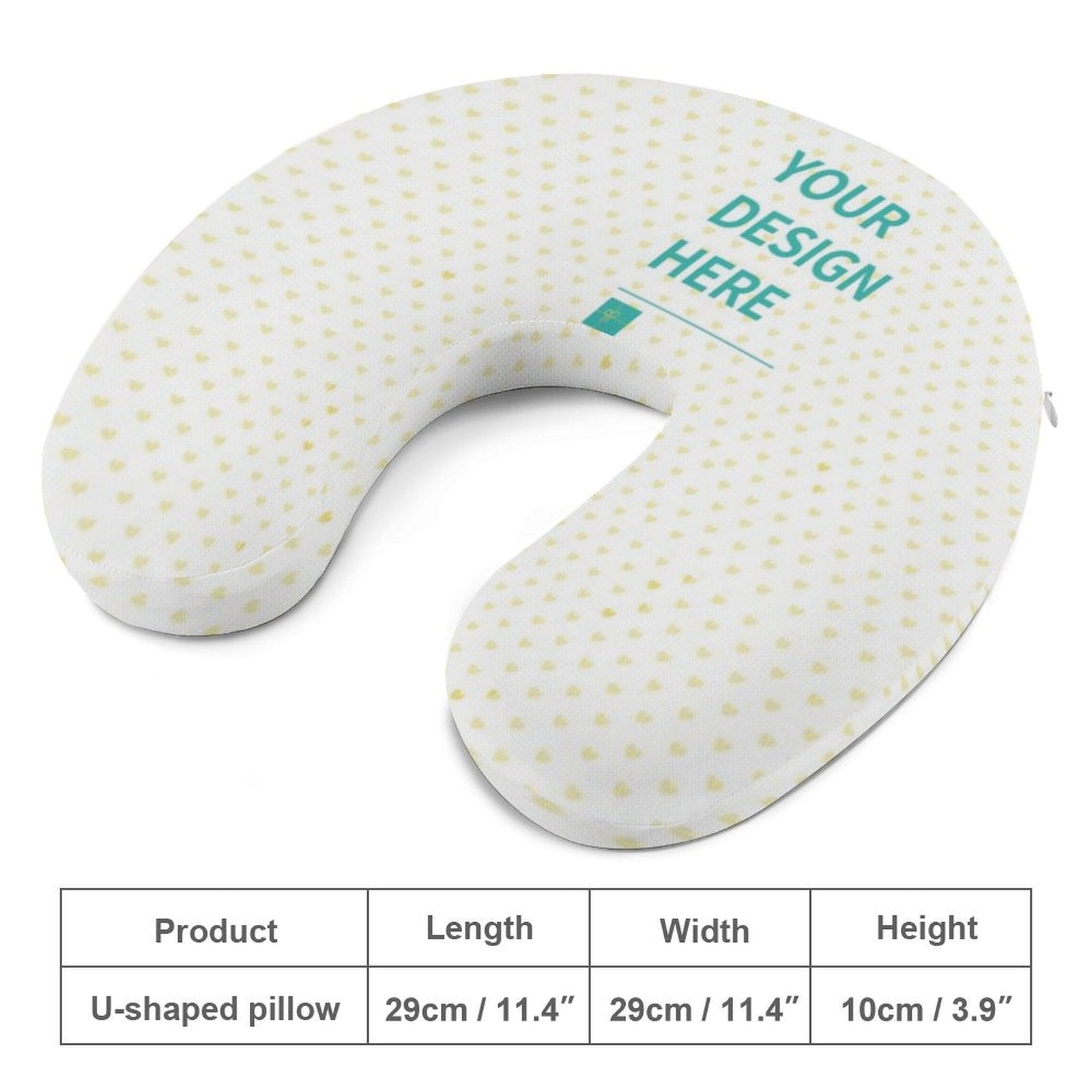 Customizable travel pillow with "YOUR DESIGN HERE". Personalized U-shaped neck pillow for comfort during travel and home use.