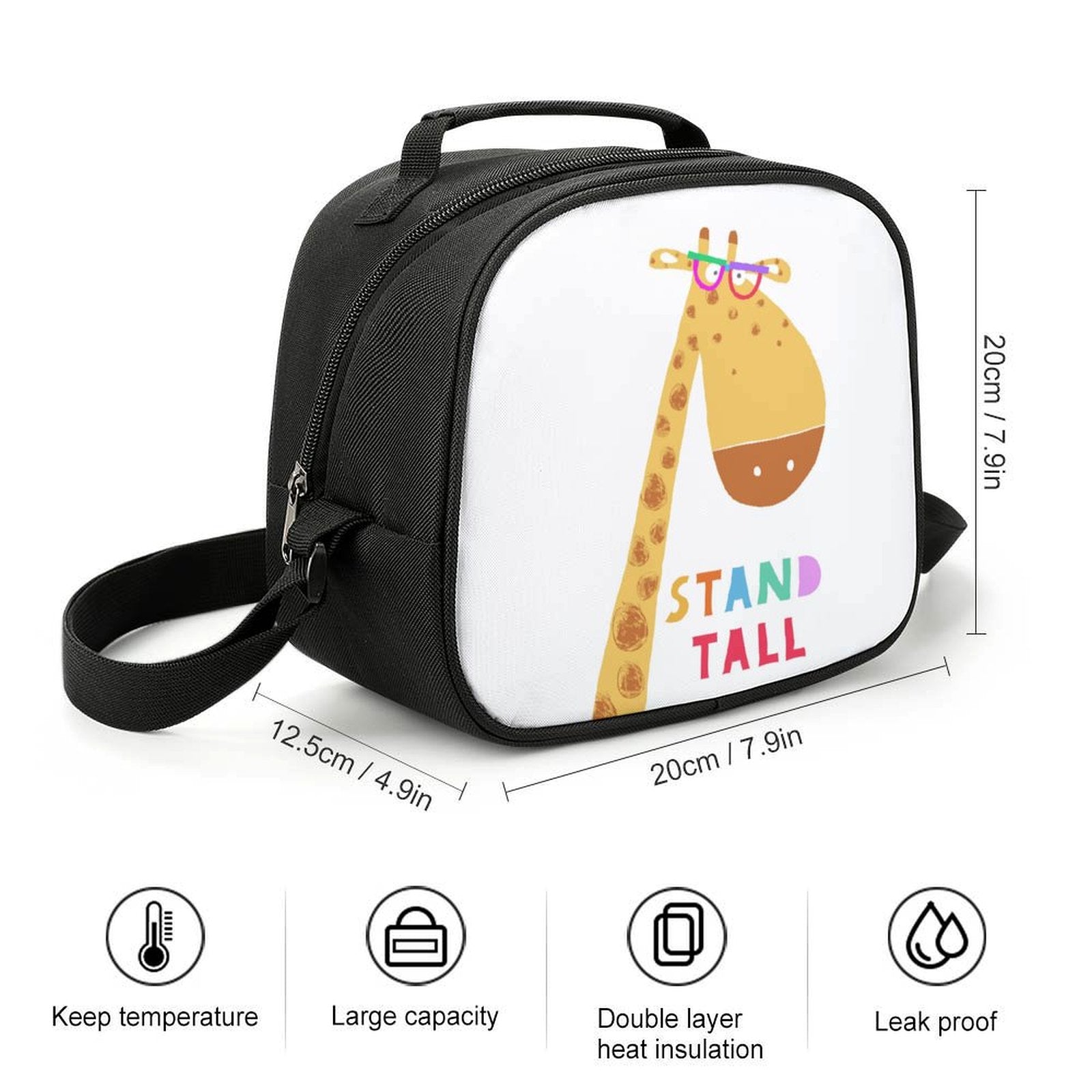 MyArtsyGift insulated lunch bag for kids with a giraffe design and 'Stand Tall' message, durable and leak-proof