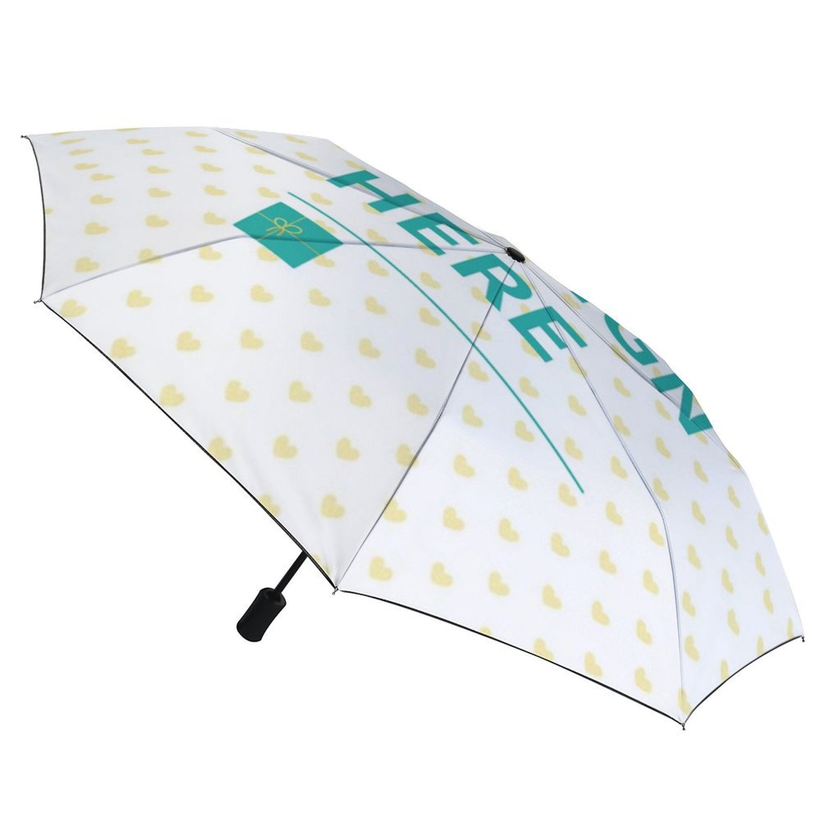 Customizable white auto umbrella with heart pattern and 'HERE' text, perfect for gifts and outdoor use.
