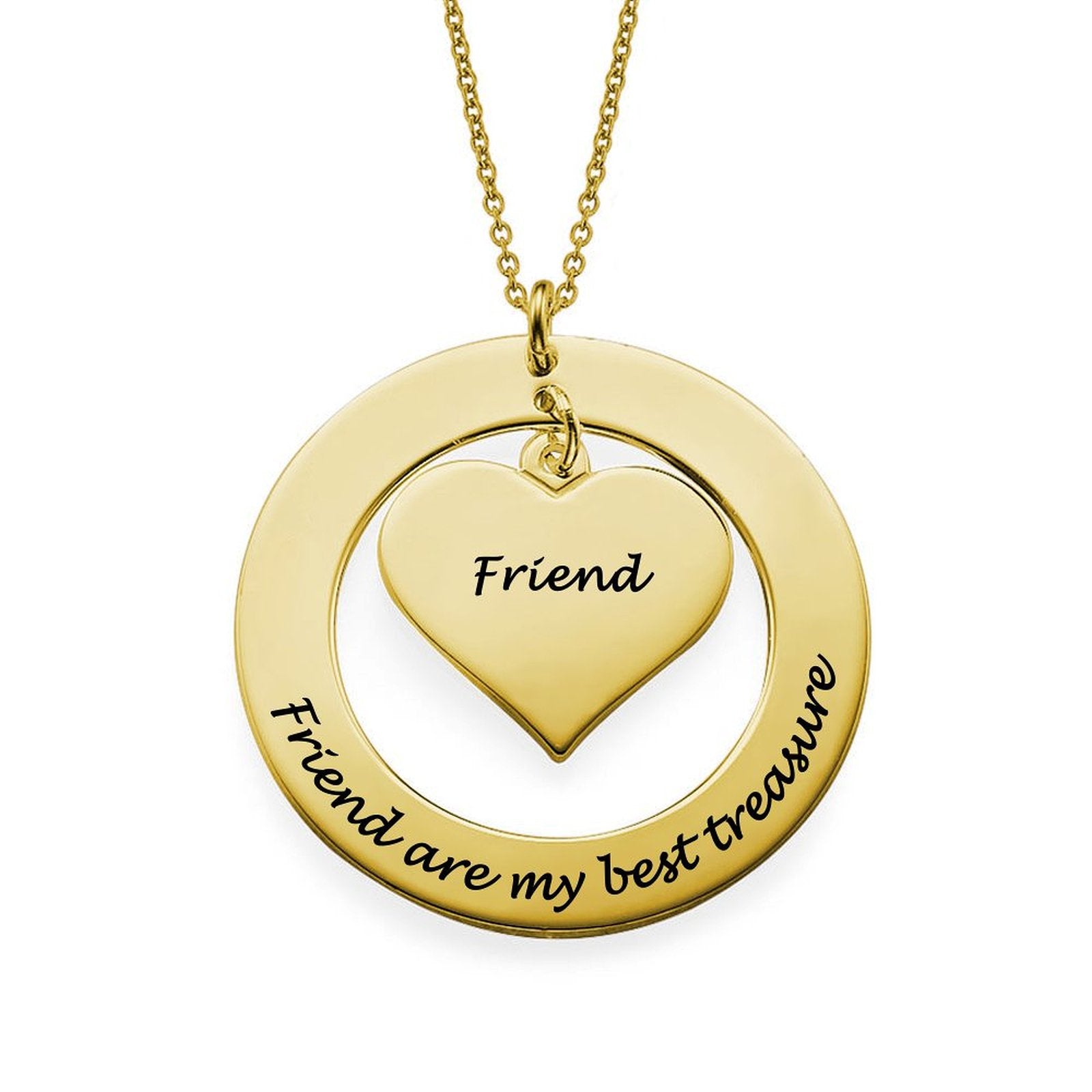 Custom engraved heart necklace with 'Friend' inscription, gold color, perfect gift for best friends
