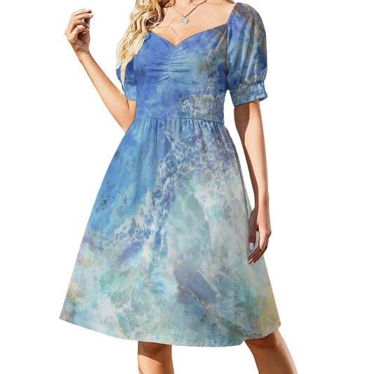 Women's Summer Dress - Blue watercolor print, short sleeves, casual mini dress