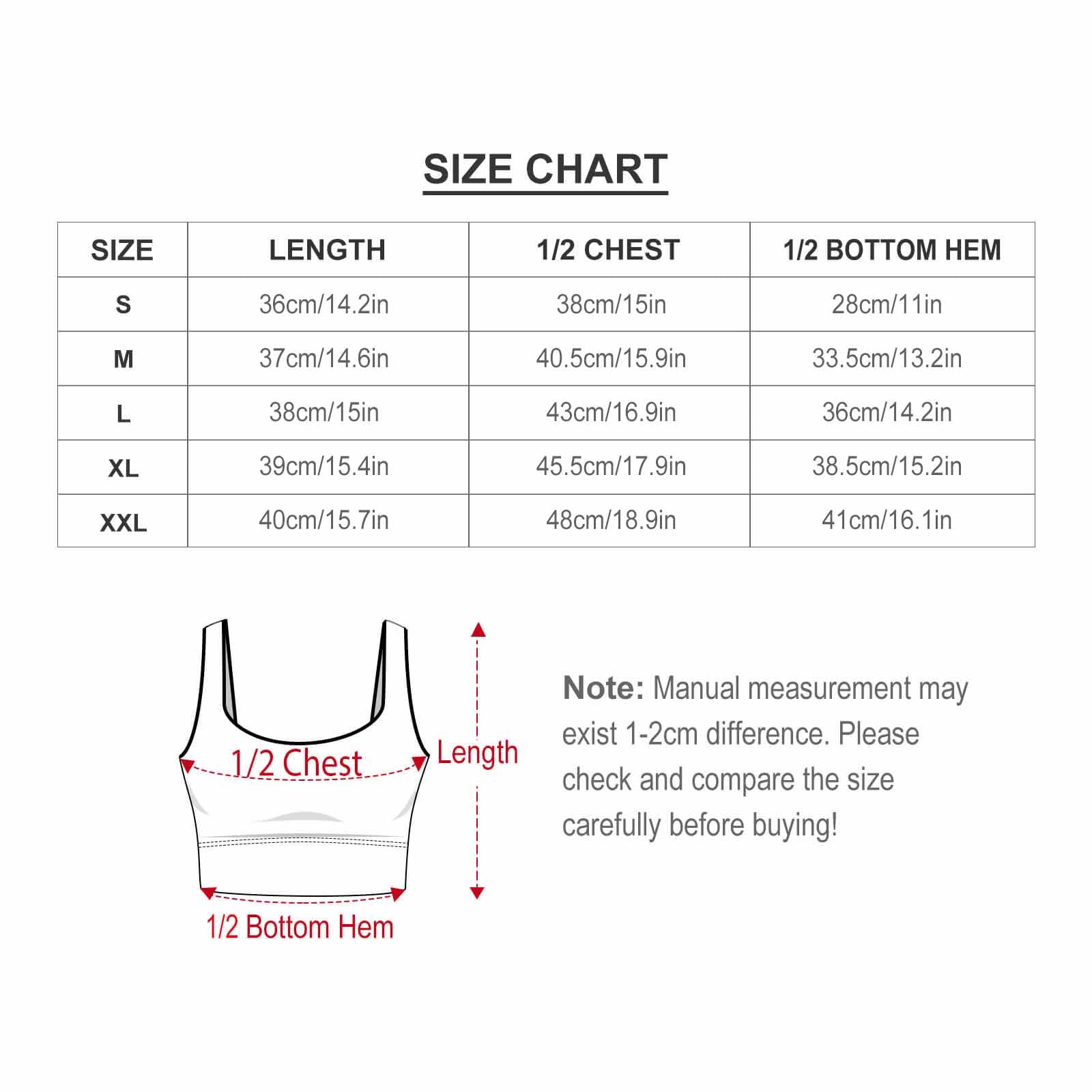 Size chart for custom sports bra with measurements, including length, chest, and bottom hem, available in sizes S-XXL.