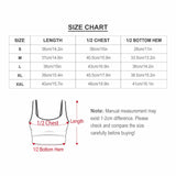 Size chart for custom sports bra with measurements, including length, chest, and bottom hem, available in sizes S-XXL.