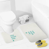 Customizable bathroom rug set with 'YOUR DESIGN HERE' text, coral fleece material, includes area rug and toilet base mat.