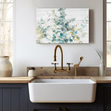 Eucalyptus I on Shiplap Canvas Print, watercolor art in a modern kitchen setting. Featuring blue and green leaves.