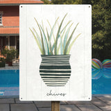 Herb Garden VI Metal Sign featuring chives, black and white striped pot, boho poster print, perfect for home decor