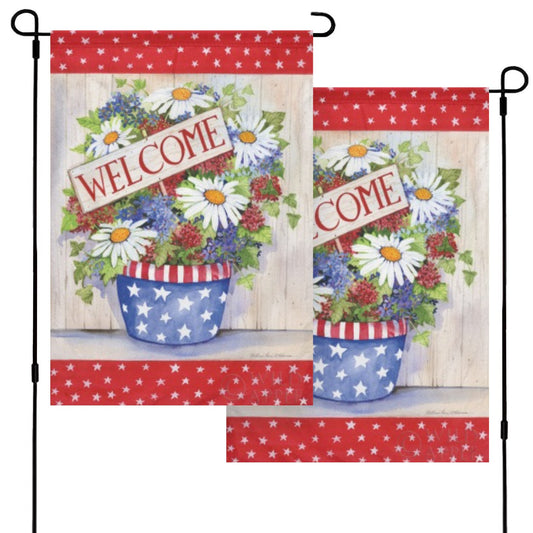 Double sided garden flag, WELCOME or COME, displaying floral arrangement in blue star pot, made in USA.