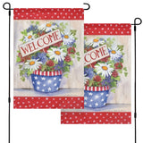 Double sided garden flag, WELCOME or COME, displaying floral arrangement in blue star pot, made in USA.