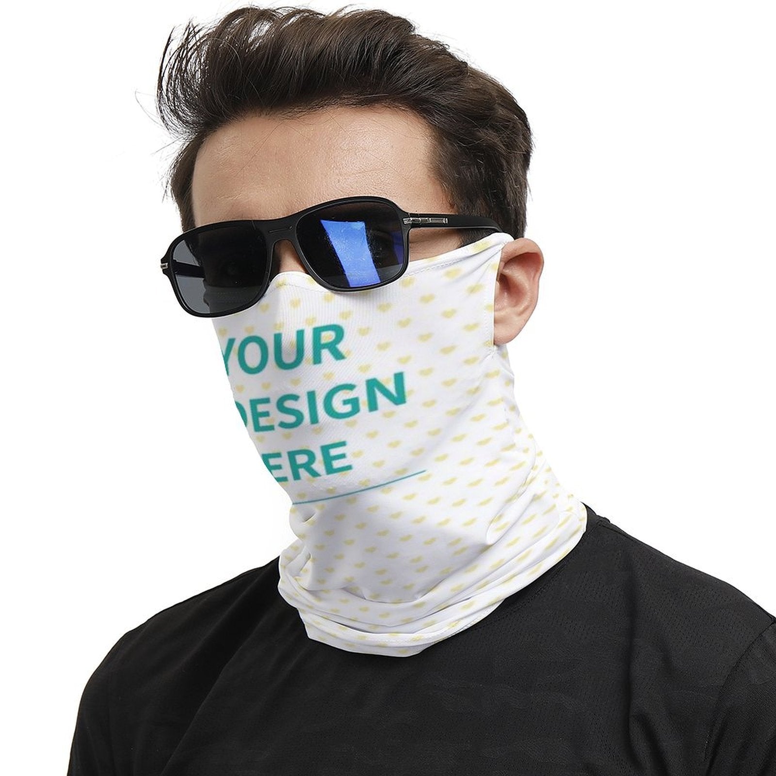 Custom neck gaiter with personalized design for men and women, white face cover, soft polyester.