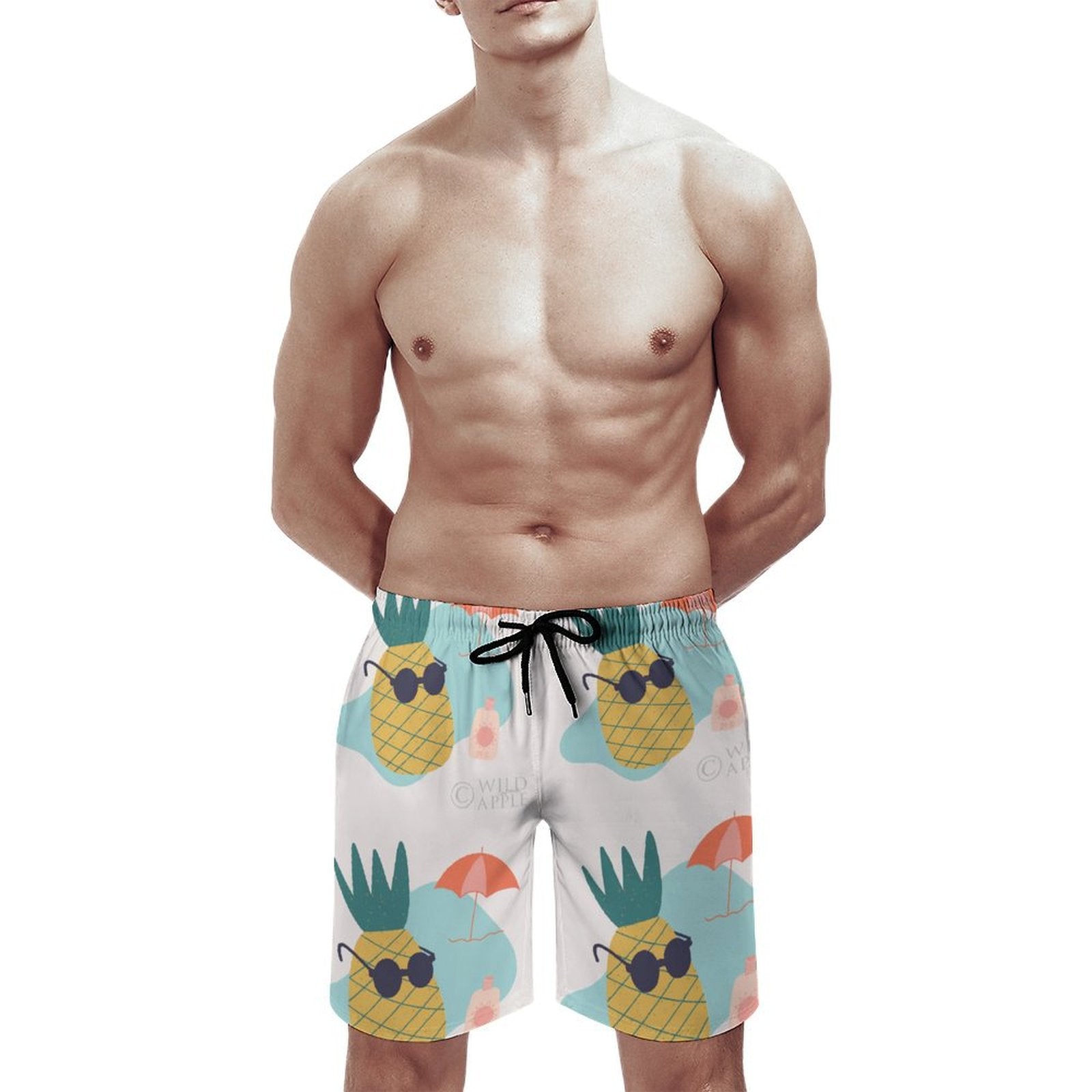 Men's Hawaiian swim trunks with pineapple print, quick-drying mesh lining, perfect beach gifts