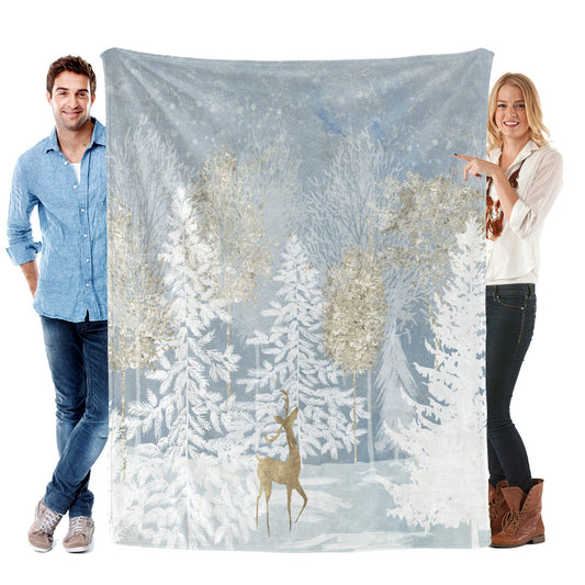Blue Winter Forest Flannel Blanket with winter scene, for sofa, couch, or bed.