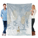 Blue Winter Forest Flannel Blanket with winter scene, for sofa, couch, or bed.