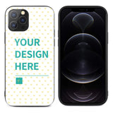 Custom iPhone 12 Pro case with 'YOUR DESIGN HERE' text, heart pattern, glass material, MyArtsyGift