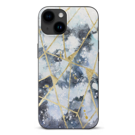 iPhone 15 case with abstract design, gold geometric lines, shockproof protection