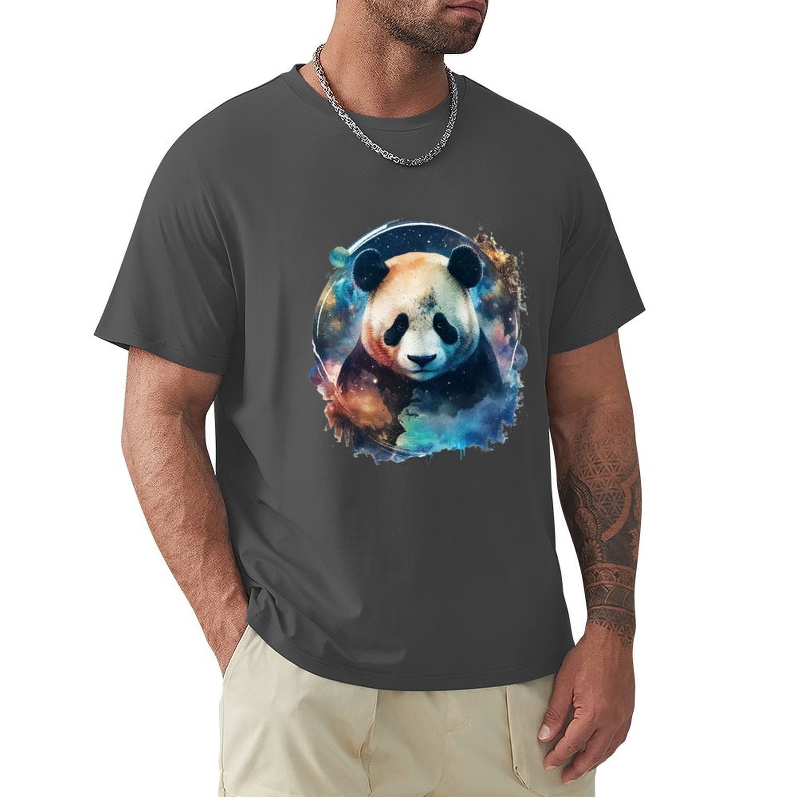 Men's gray crew neck t-shirt with panda graphic, MyArtsyGift, comfortable cotton tee for men