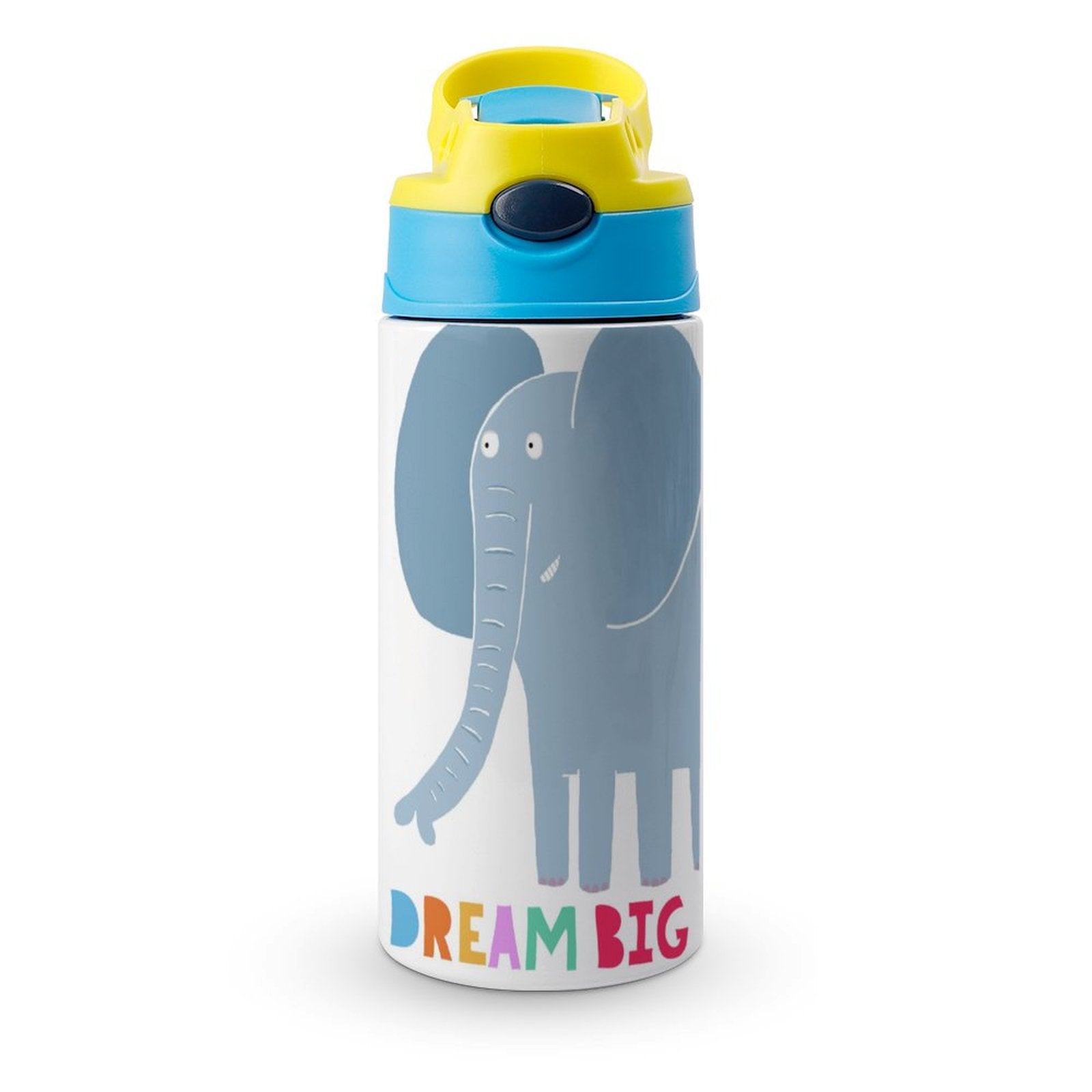 Kids' insulated water bottle with elephant design and 'DREAM BIG' text, leak-proof and perfect for school.