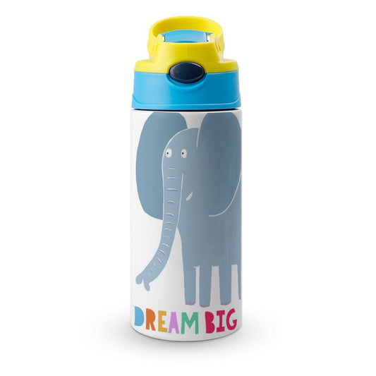 Kids' insulated water bottle with elephant design and 'DREAM BIG' text, leak-proof and perfect for school.