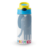Kids' insulated water bottle with elephant design and 'DREAM BIG' text, leak-proof and perfect for school.