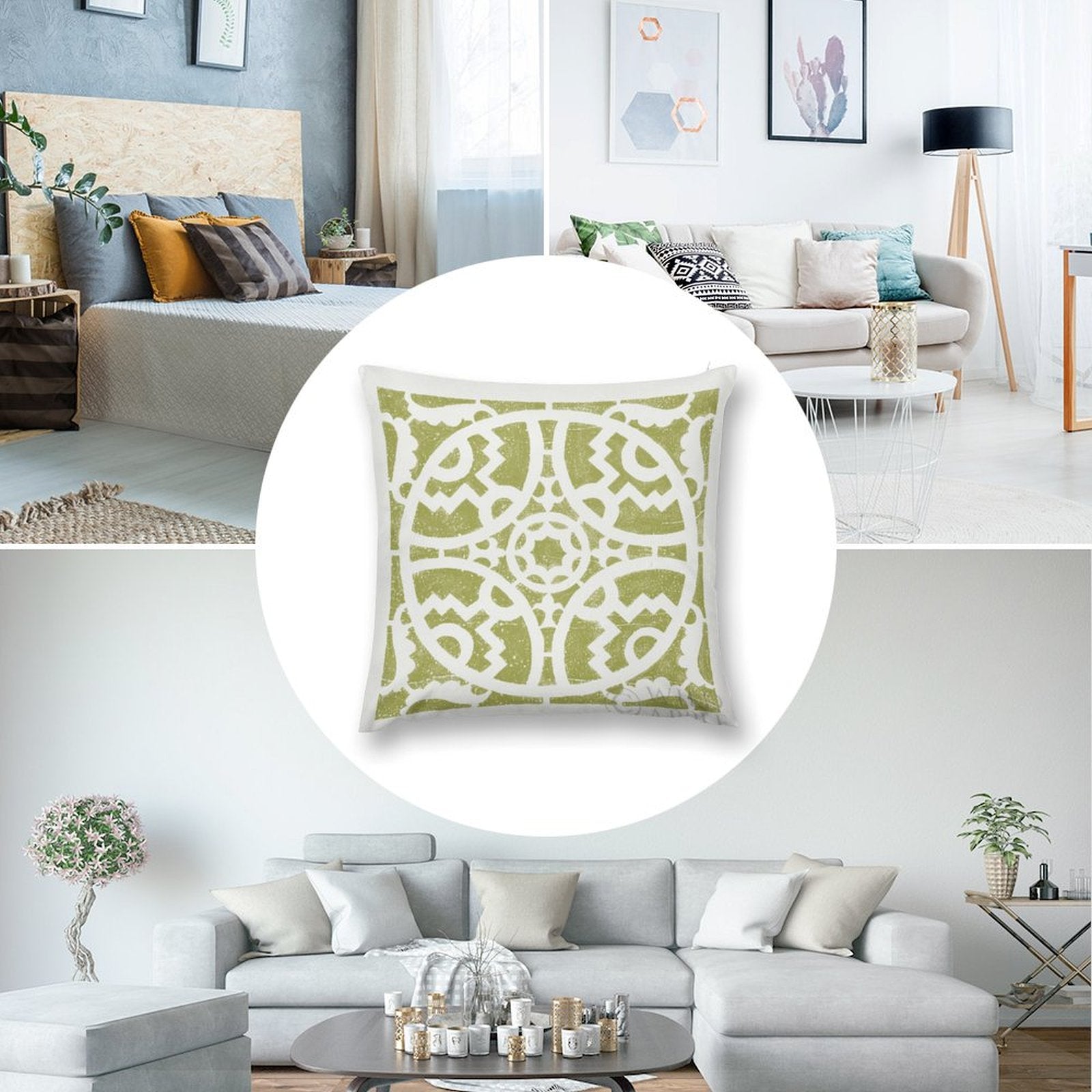 Olive green geometric plush pillow cover for sofa decor, soft and cozy, available on MyArtsyGift