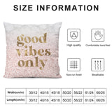Good Vibes Only plush pillow cover, pink with gold text, size chart, and material features