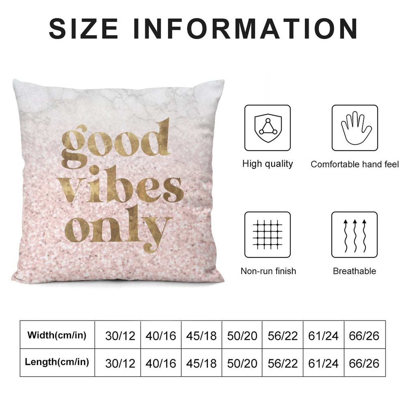 Decorative throw pillow cover with "Good Vibes Only" text, soft and durable short plush material, perfect for home decor.