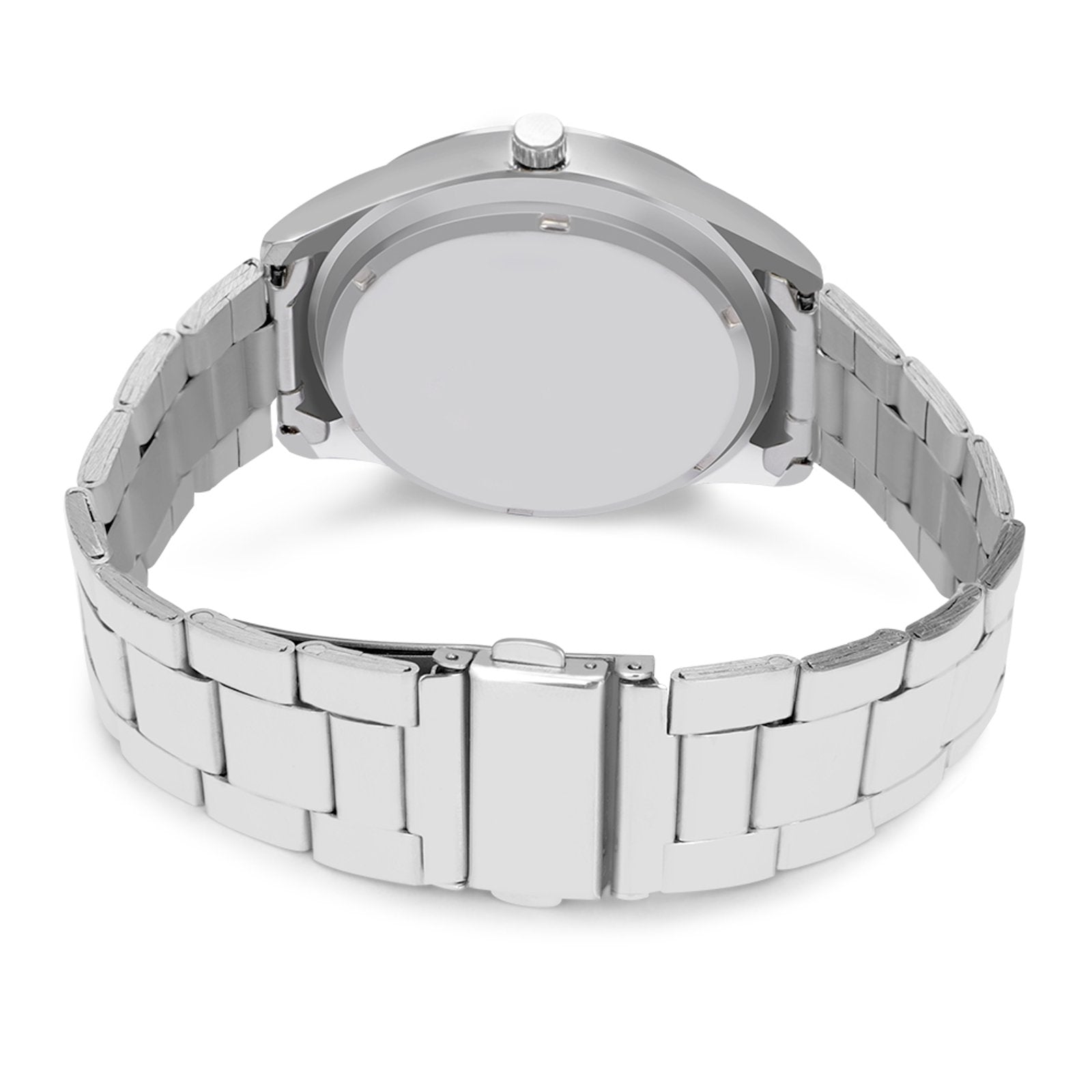 Stainless steel watch, showcasing the bracelet, and clasp. A personalized gift for family.