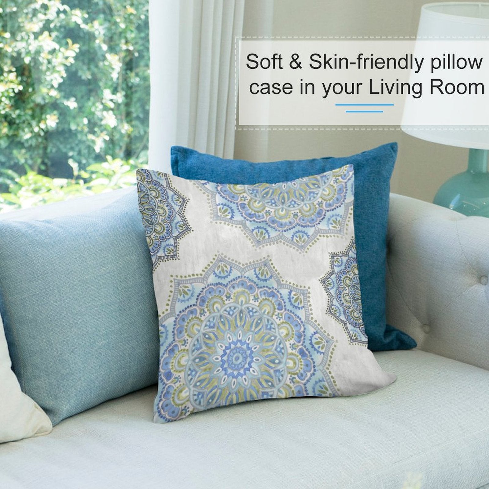 Soft and skin-friendly mandala throw pillow case, short plush, blue and green, for home decor.