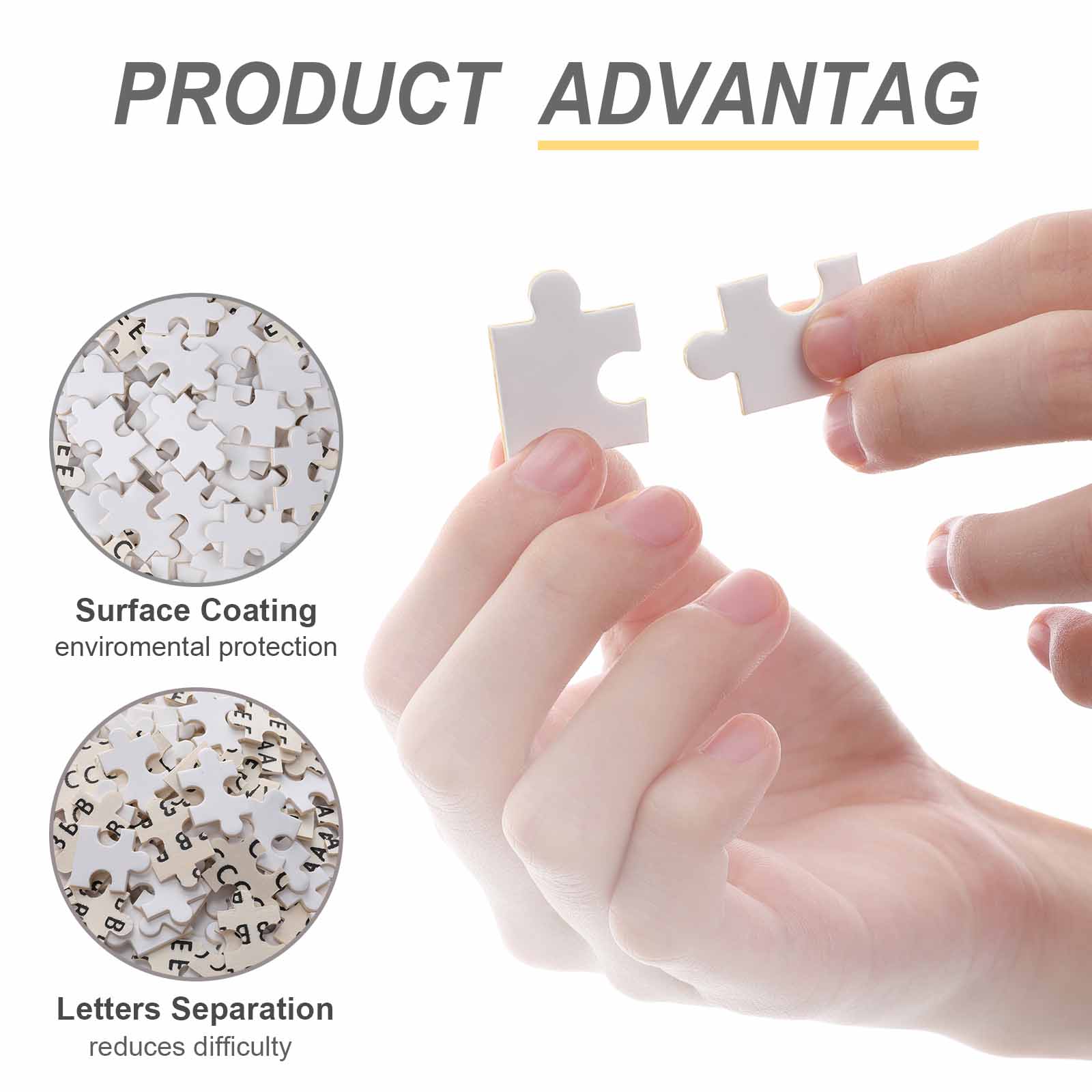 Wooden puzzle features: Surface coating and letters separation. Custom puzzle for family game nights.