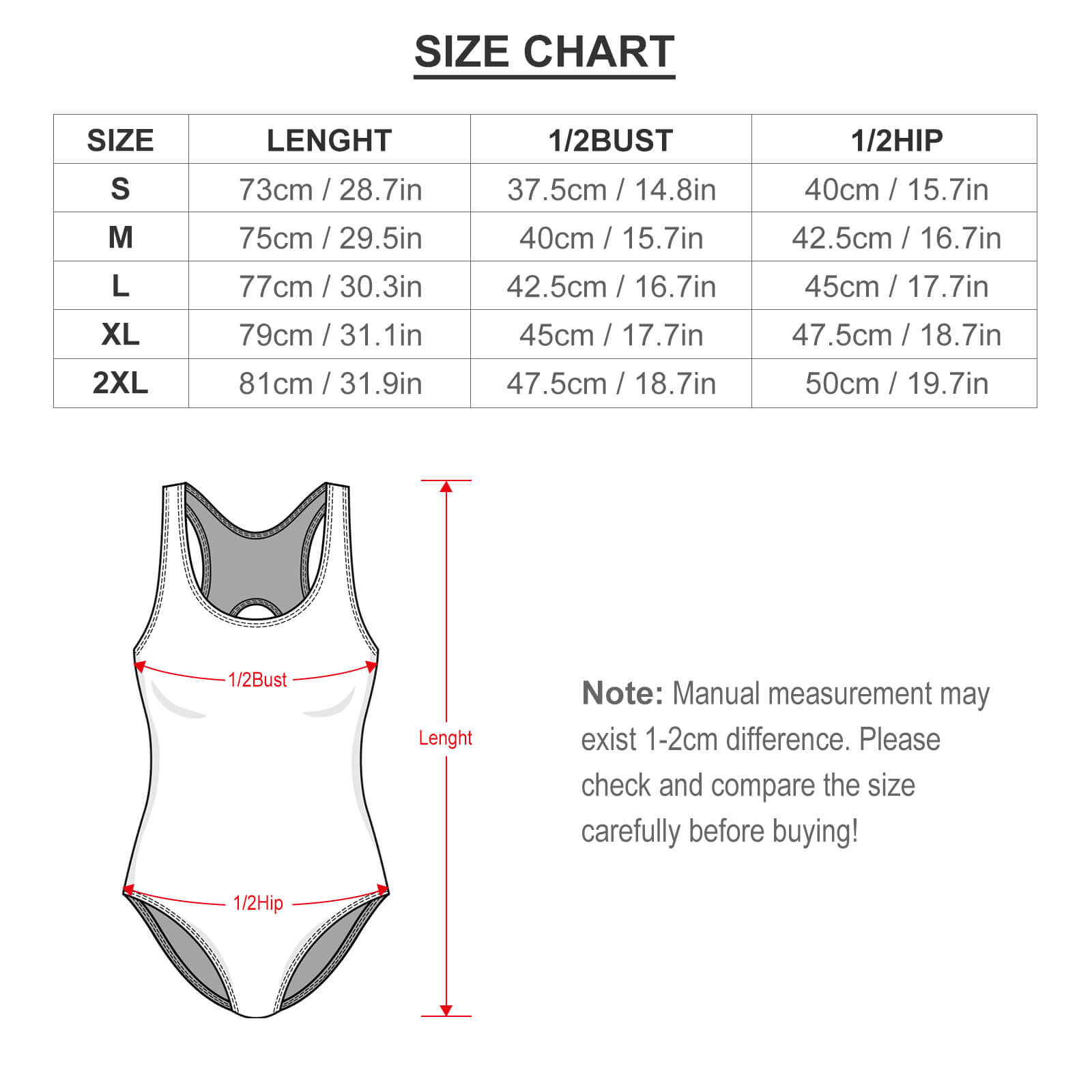 Women's one-piece swimsuit size chart. Bust, hip, and length measurements provided by MyArtsyGift.