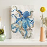 Blue and gold octopus canvas print for modern home decor. Wall art featuring a watercolor octopus.