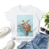 White crewneck t-shirt with sea turtle print, casual lifestyle wear
