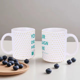 Customizable white ceramic mug with yellow heart pattern and your design, a perfect gift from MyArtsyGift.com