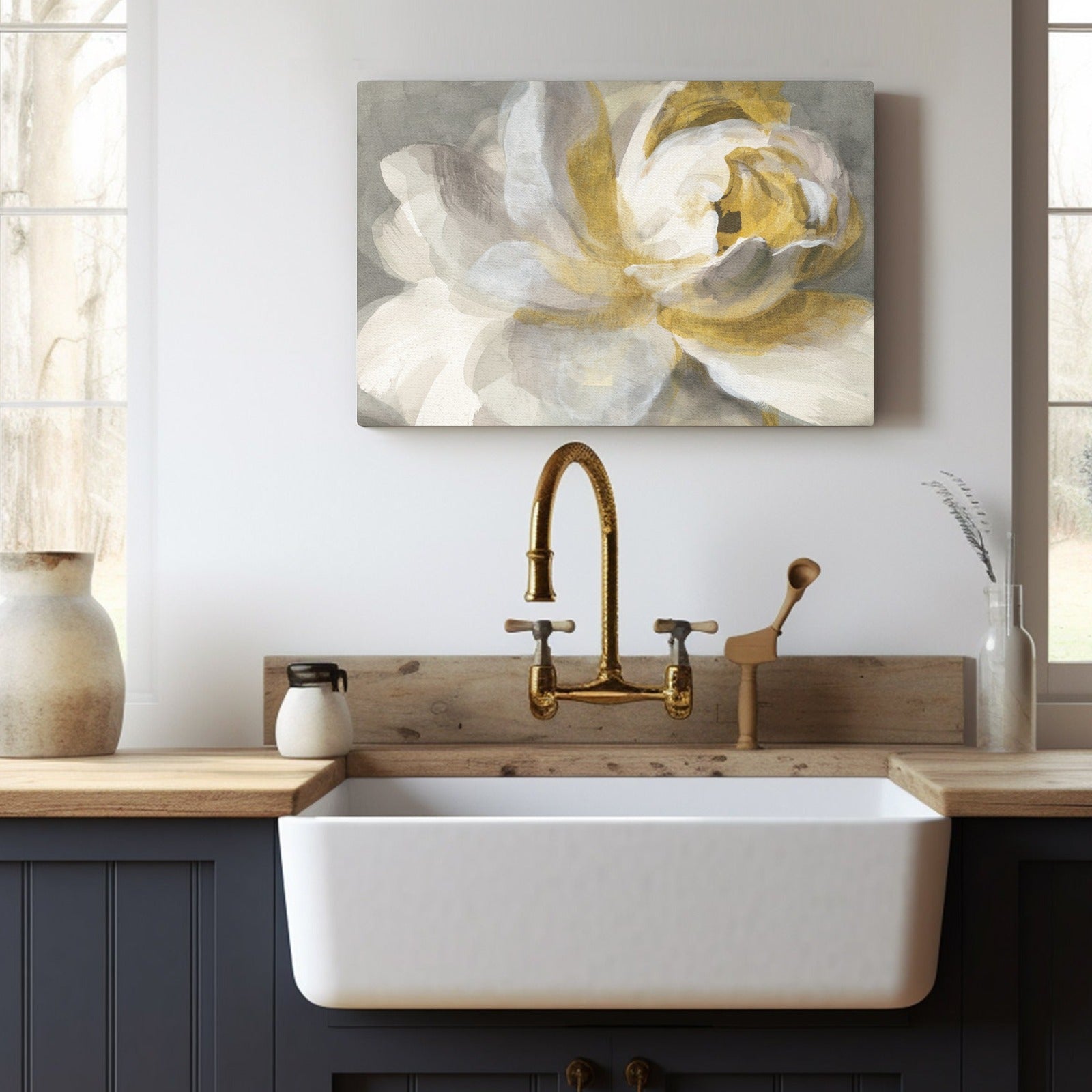 Abstract rose gold canvas print wall decor over kitchen sink, floral artwork