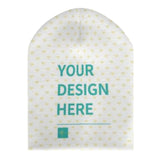 Custom baby beanie hat with 'YOUR DESIGN HERE' text, perfect for baby girls and boys, made of soft polyester.