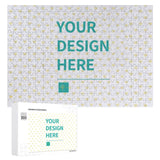 Customizable wooden jigsaw puzzle with 'YOUR DESIGN HERE' text; personalized gift for adults and kids.