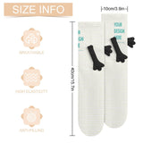 Customizable holding hands socks with 'Your Design Here' text, breathable, high elasticity, anti-pilling, and dimension info.
