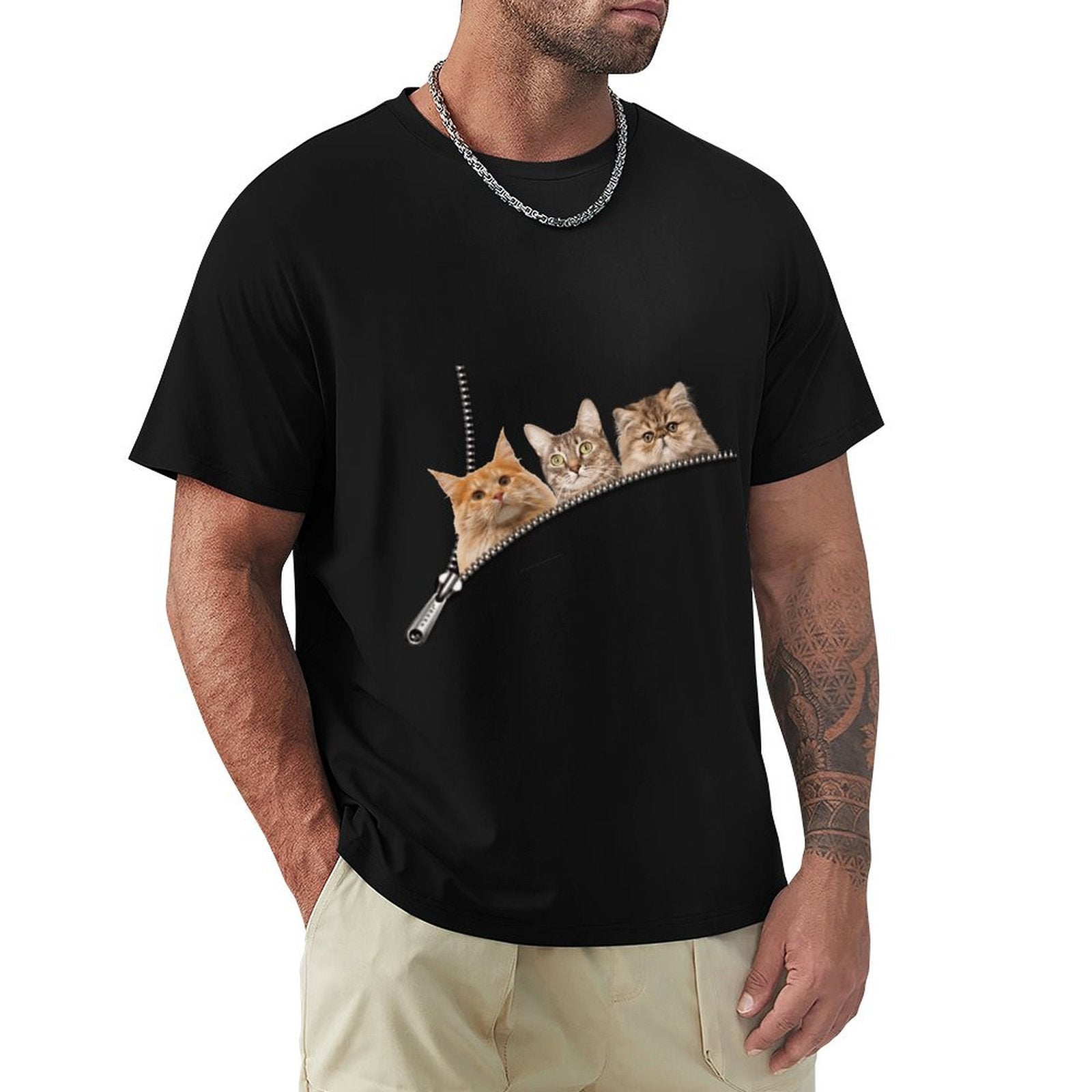 Black Men's short sleeve crew neck t-shirt with cat zipper pocket graphic.