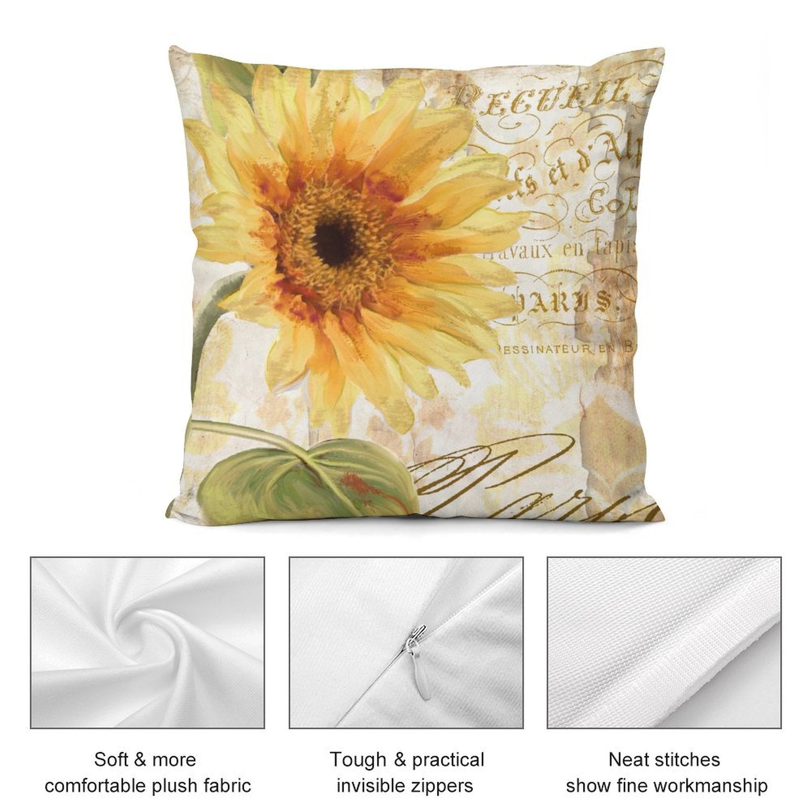 Sunflower plush pillow cover with vintage French text, soft material, for sofa or living room decor, from MyArtsyGift.