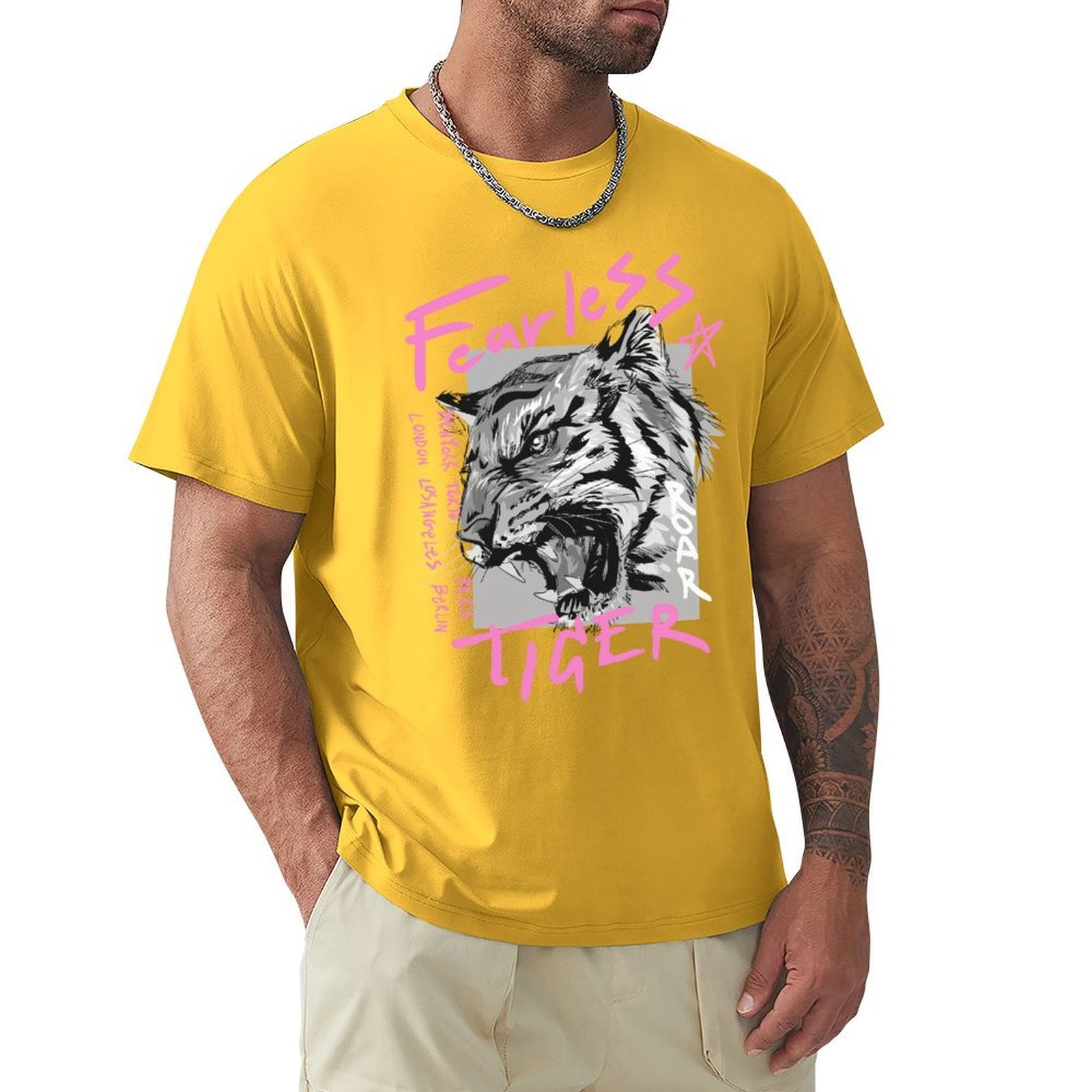Men's yellow Fearless Tiger t-shirt. Crew neck cotton tee, streetwear style, for everyday wear.