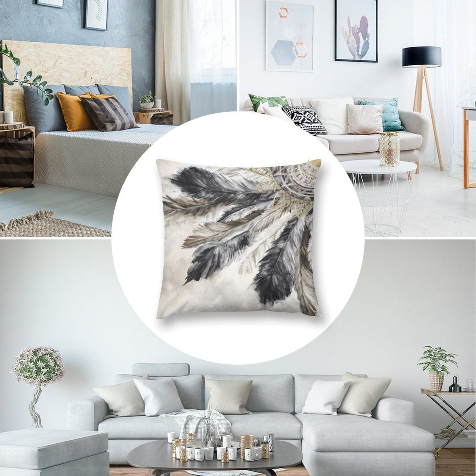 Feather design plush pillow cover in gray and black, sofa and living room decor. Soft, fluffy material for comfort and style.