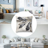Feather design plush pillow cover in gray and black, sofa and living room decor. Soft, fluffy material for comfort and style.