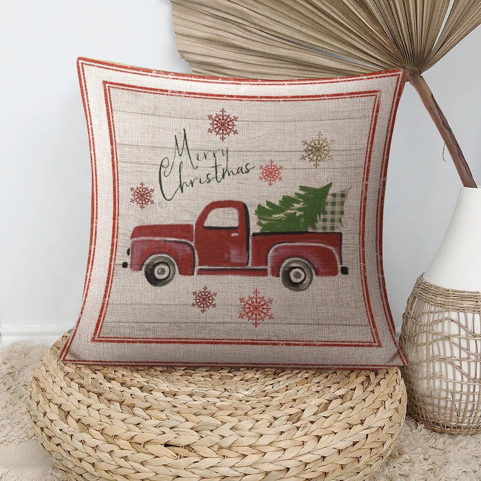 Christmas pillow cover in cotton linen with red truck and Christmas tree, Merry Christmas decor
