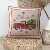 Christmas pillow cover in cotton linen with red truck and Christmas tree, Merry Christmas decor